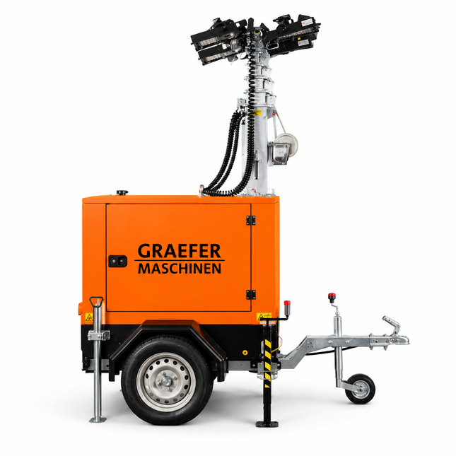 Graefer Alpha LED gaismas tornis 7,6 m | 4 × 320 W LED | Ceļa piekabe | V posms | 145 stundas autonomijas