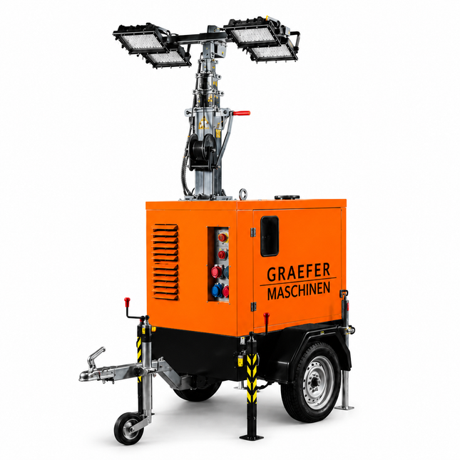 Graefer Alpha LED gaismas tornis 7,6 m | 4 × 320 W LED | Ceļa piekabe | V posms | 145 stundas autonomijas