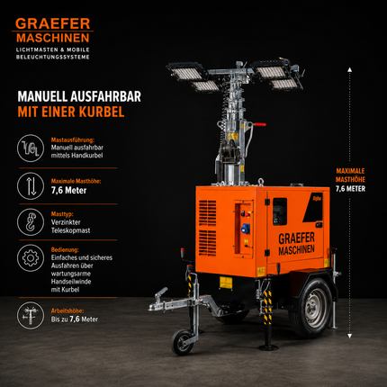 Graefer Alpha LED světelná věž 7,6 m | 4 × 320W LED | Silniční přívěs | Etapa V | 145 hodin autonomie