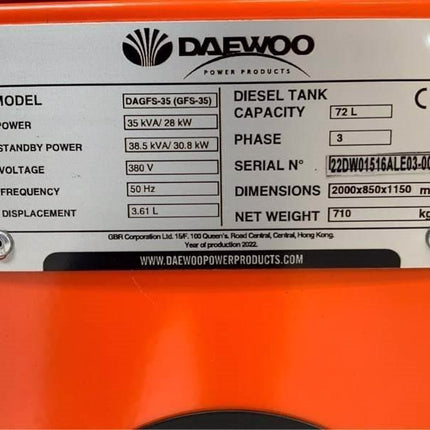 Groupe électrogène / alimentation de secours Daewoo DAGFS – 35kVA avec 28 000W