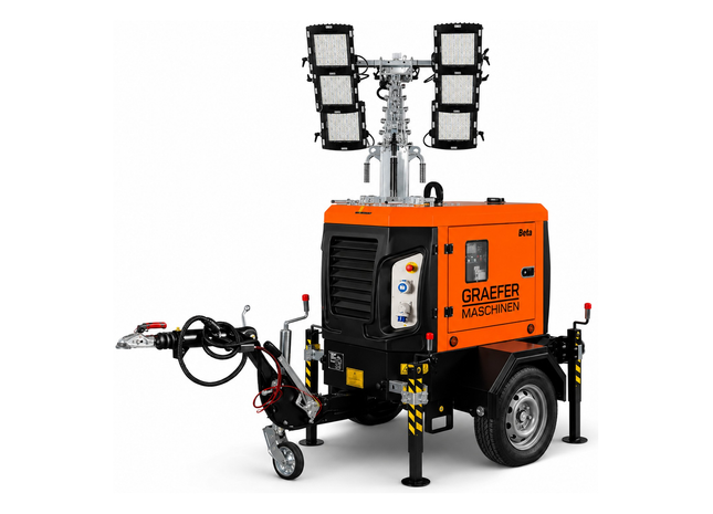Graefer Beta LED Lichtmast 8,4 m, Hydraulisch, 400.000 Lumen, Stage V Diesel, Straßenanhänger, 200 h Autonomie